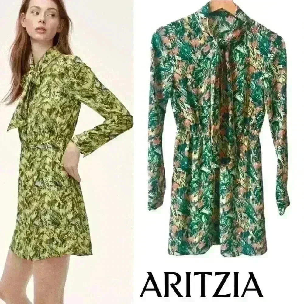 Aritzia Sunday Best Veronica Dress Green Yellow  Long Sleeve Neck Tie Size M